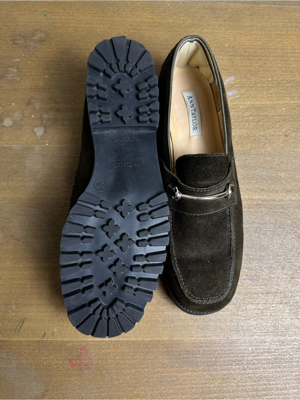 Ann Taylor Dark Olive Green Brown Suede Bit Loafers